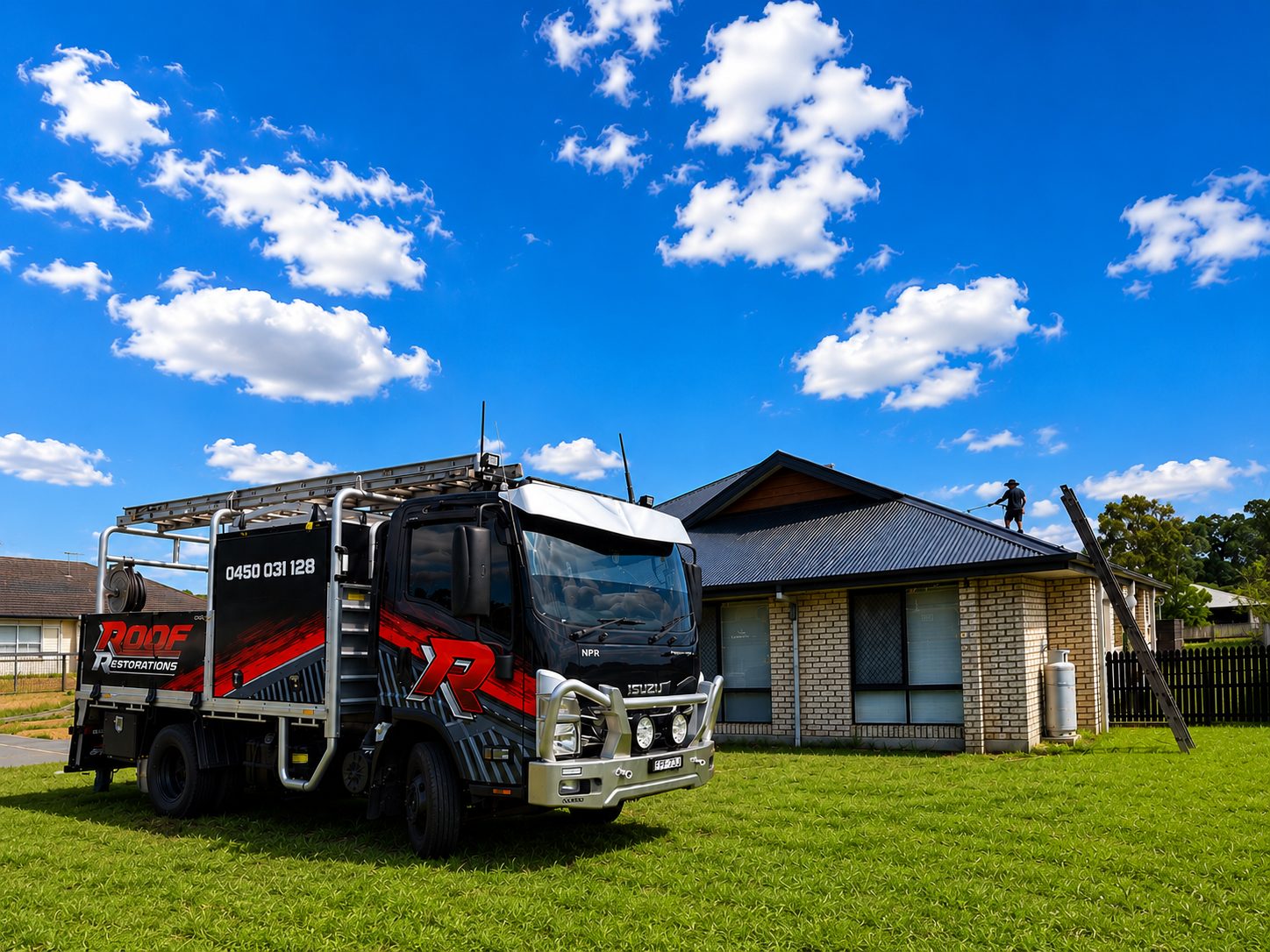 Sam's Roof Coatings truck parked in front of a home being restored